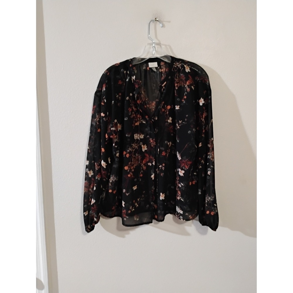 A New Day Womens Black Floral Long Sleeve Sheer Blouse Split Neck Tie Top Medium